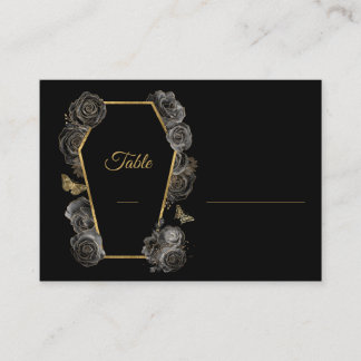 Black & Gold Roses Coffin Gothic Wedding Flat Place Card