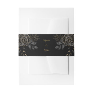 Black & Gold Roses Coffin Gothic Wedding Invitation Belly Band