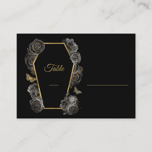 Black & Gold Roses Coffin Gothic Wedding Pattern  Place Card (Front)