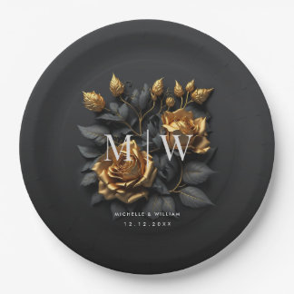 Black Gold Roses Gothic Monogram Wedding  Paper Plate