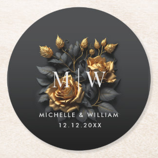 Black Gold Roses Gothic Monogram Wedding  Round Paper Coaster