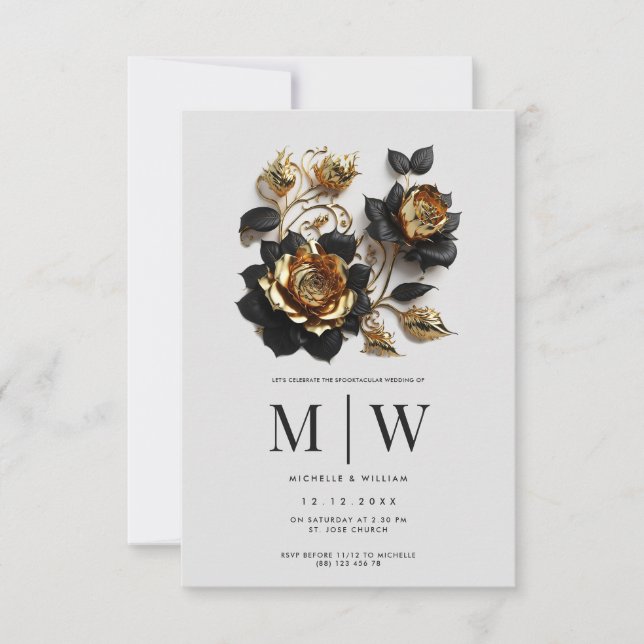Black Gold Roses Gothic Wedding Invitation (Front)