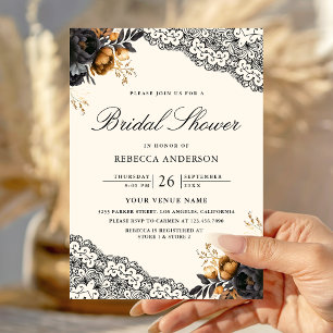 Black Gold Roses Lace Cream Gothic Bridal Shower Invitation
