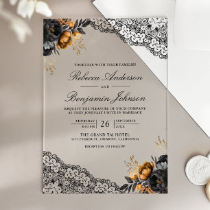 Black Gold Roses Lace Gothic Wedding Acrylic Invitations