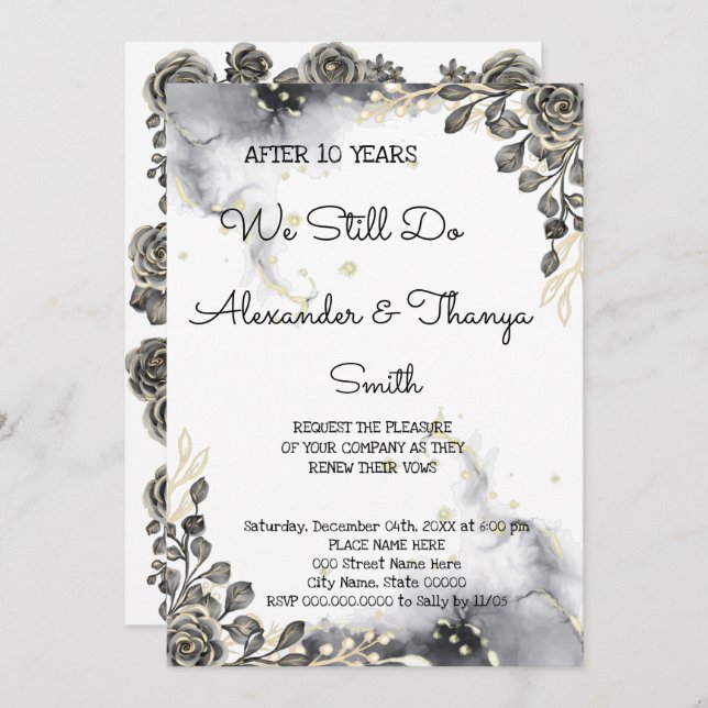 Black&Gold Roses Wedding Anniversary Renewal Vows Invitation (Front/Back)