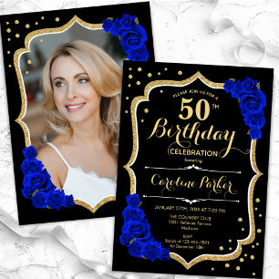 Black Gold Royal Blue Photo 50th Birthday Invitation