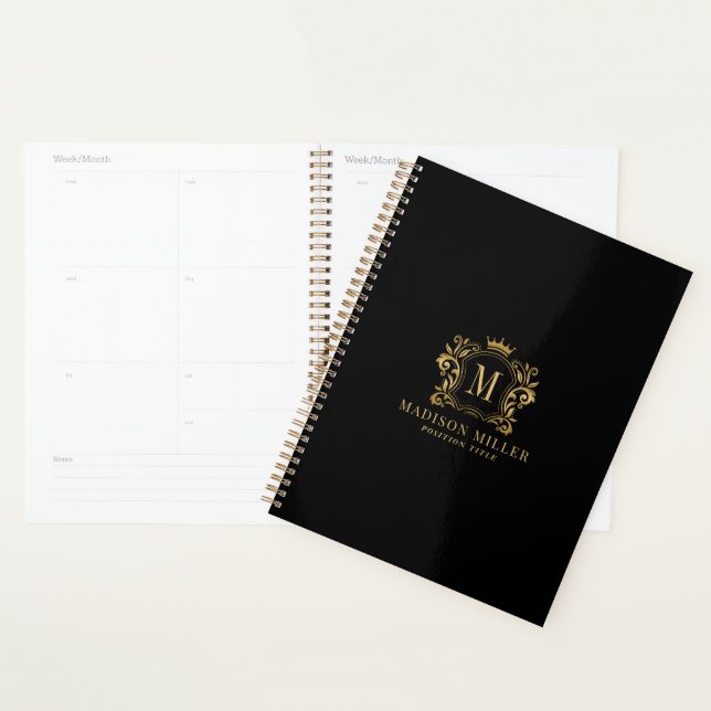 Black Gold Royal Crest Crown Scrolls Monogram Planner (Display)