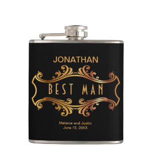 Black Gold Royal Crest Frame Best Man Favour Hip Flask