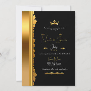 Black & Gold Royal Crown Elegant Glam Wedding    Invitation