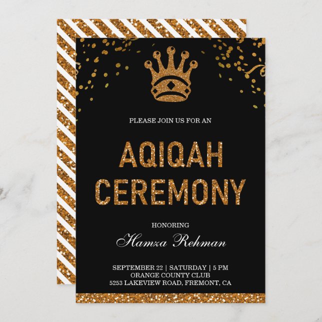 Black Gold Royal Crown Prince Aqiqah Invitation (Front/Back)