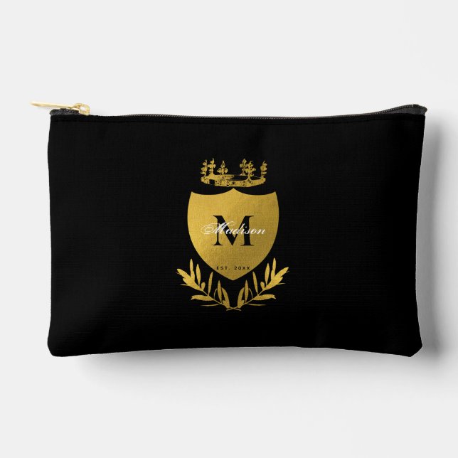 Black & Gold Royal Emblem Shield Monogram  Accessory Pouch (Front)