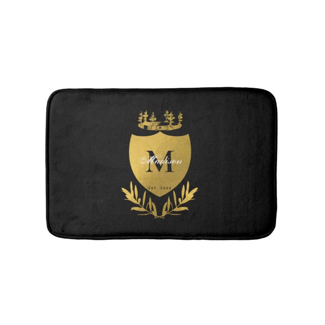 Black & Gold Royal Emblem Shield Monogram Bath Mat (Front)
