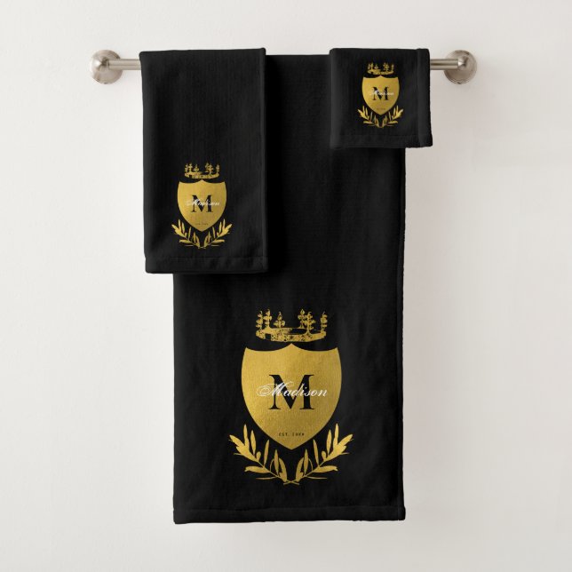 Black & Gold Royal Emblem Shield Monogram Bath Towel Set (Insitu)