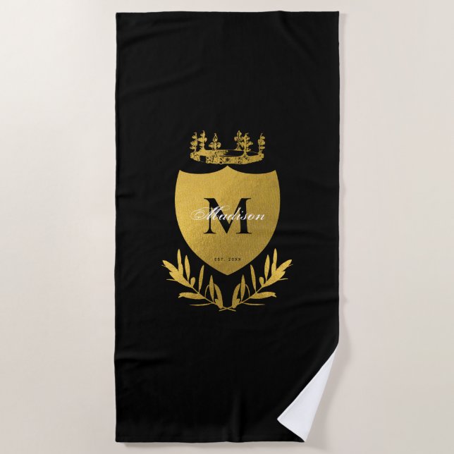 Black & Gold Royal Emblem Shield Monogram Beach Towel (Front)