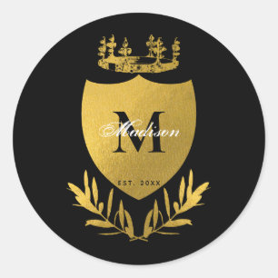 Black & Gold Royal Emblem Shield Monogram  Classic Round Sticker