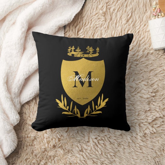Black & Gold Royal Emblem Shield Monogram  Cushion (Blanket)