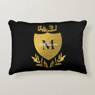 Black & Gold Royal Emblem Shield Monogram Decorative Cushion