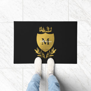 Black & Gold Royal Emblem Shield Monogram Doormat