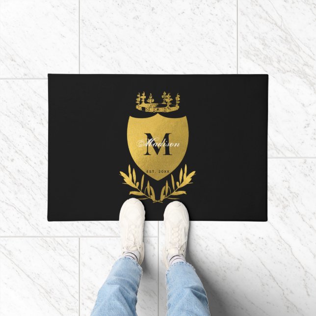 Black & Gold Royal Emblem Shield Monogram  Doormat (Indoor)