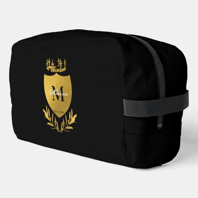Black & Gold Royal Emblem Shield Monogram  Dopp Kit (Left Corner)