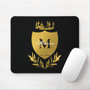 Black & Gold Royal Emblem Shield Monogram Mouse Pad