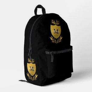 Black & Gold Royal Emblem Shield Monogram  Printed Backpack