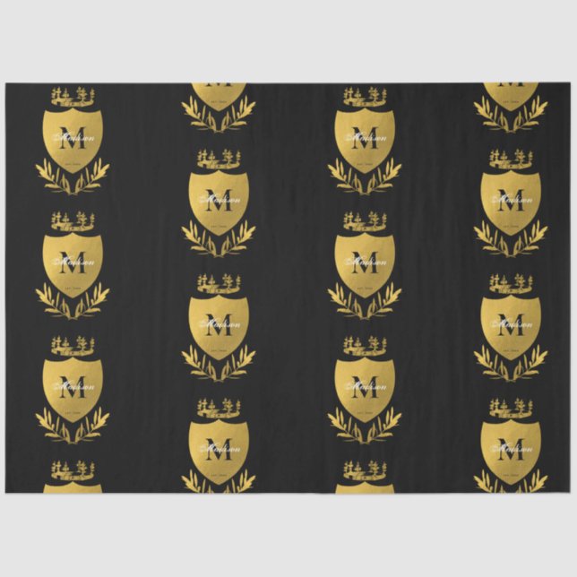Black & Gold Royal Emblem Shield Monogram  Tissue Paper (Front)