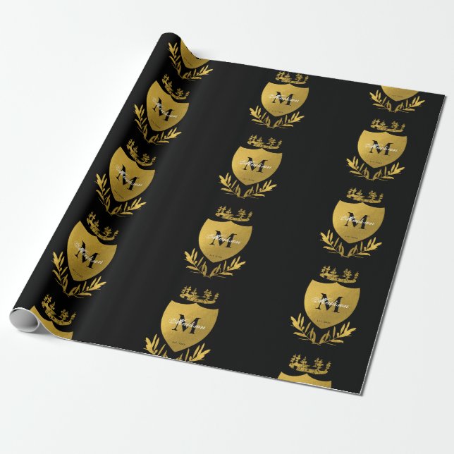 Black & Gold Royal Emblem Shield Monogram  Wrapping Paper (Unrolled)