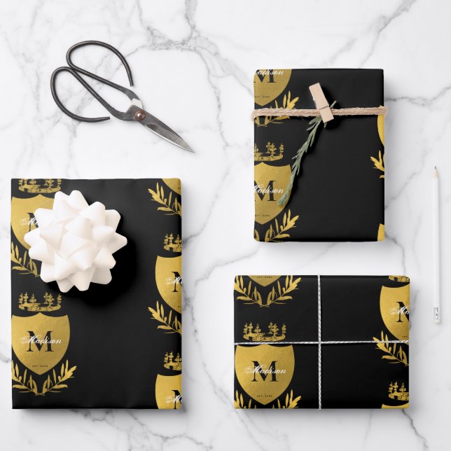 Black & Gold Royal Emblem Shield Monogram Wrapping Paper Sheet (Front)