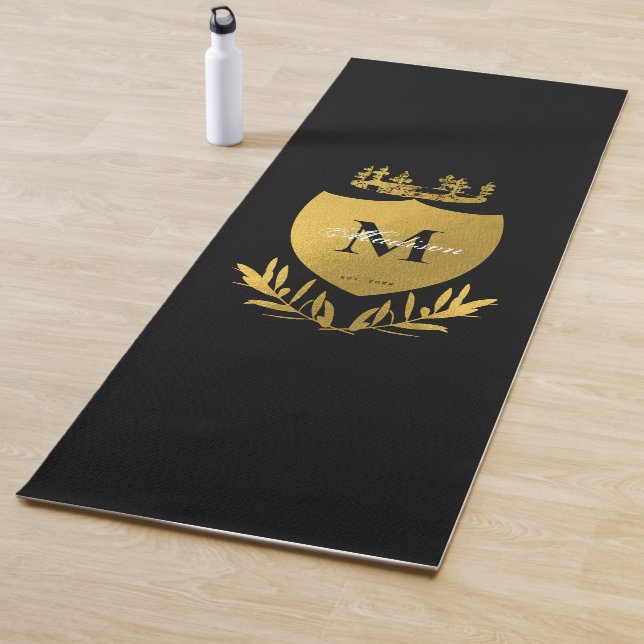 Black & Gold Royal Emblem Shield Monogram  Yoga Mat (In Situ)