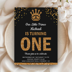 Black Gold Royal Prince First Birthday Invitation Postcard