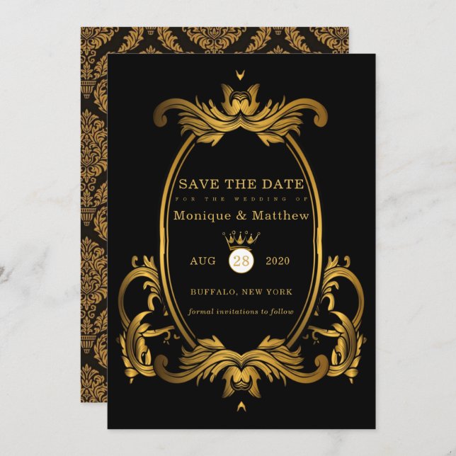 Black Gold Royal Wedding Save The Date Cards (Front/Back)