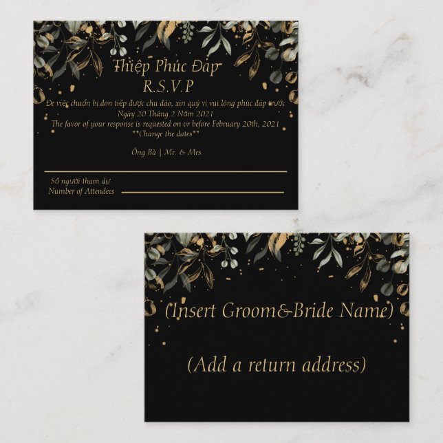Black/Gold RSVP Wedding card English/Vietnamese (Front/Back)