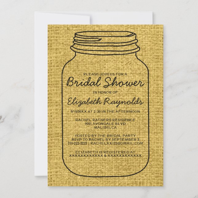 Black Gold Rustic Mason Jar Bridal Shower Invites (Front)