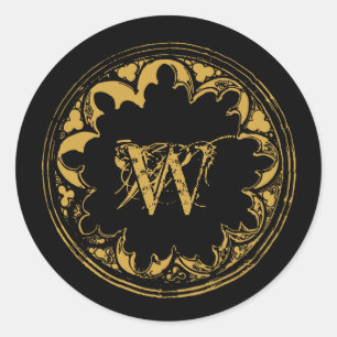 Black & Gold Rustic Vintage Distressed Monogram Classic Round Sticker