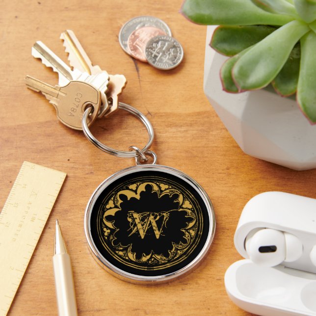 Black & Gold Rustic Vintage Distressed Monogram  Key Ring (Desk)