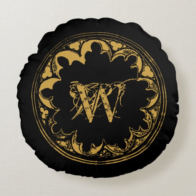 Black & Gold Rustic Vintage Distressed Monogram  Round Cushion (Front)
