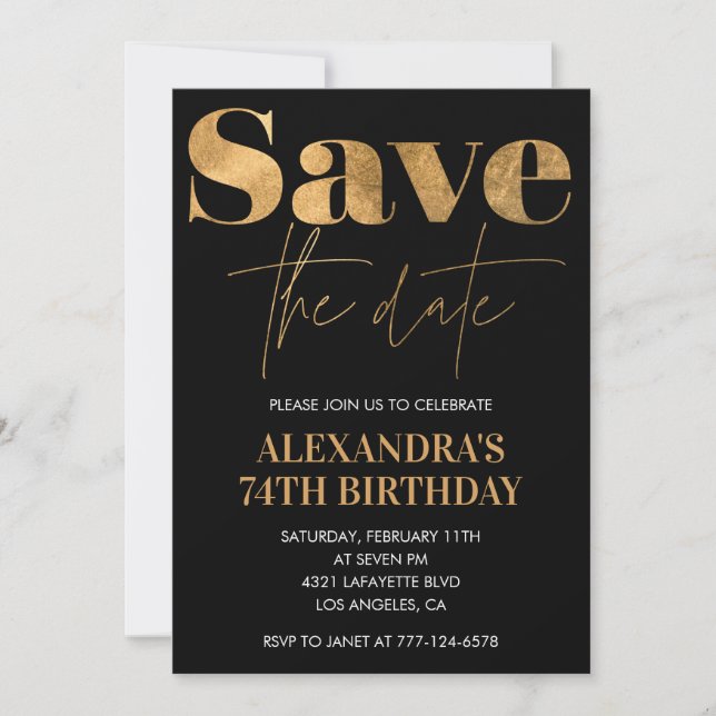 Black Gold Save the date 74th birthday Invitation (Front)