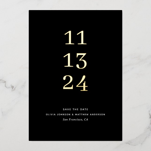 Black & Gold Save the Date. Modern Elegant Wedding (Front)