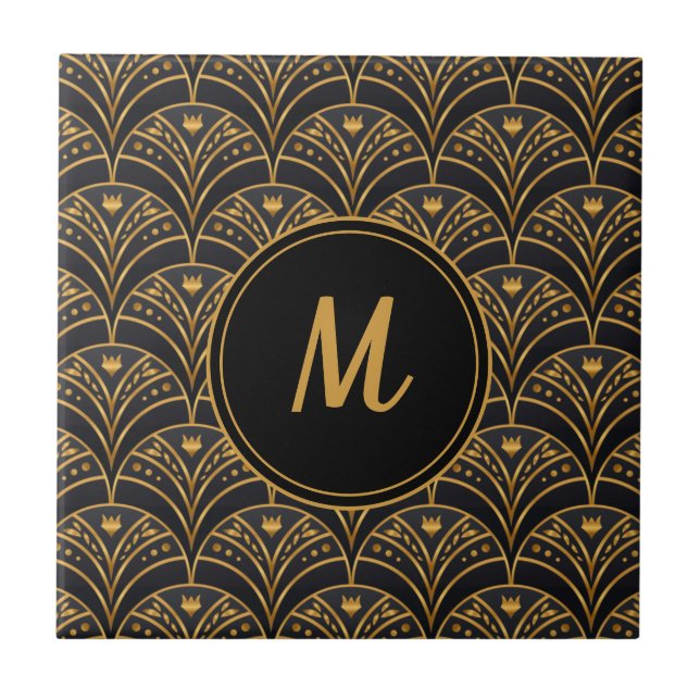 Black Gold Scallop Pattern Art Deco Monogram Ceramic Tile (Front)