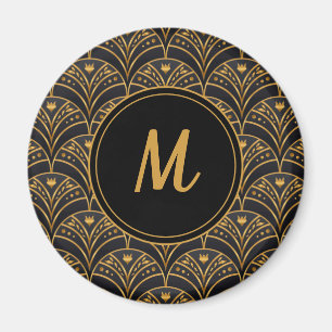 Black Gold Scallop Pattern Art Deco Monogram Magnet