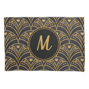 Black Gold Scallop Pattern Art Deco Monogram Pillowcase