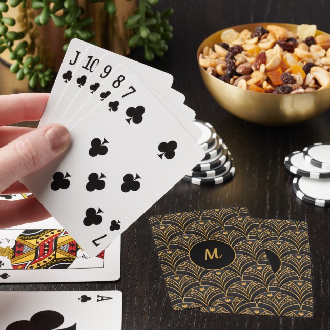 Black Gold Scallop Pattern Art Deco Monogram Playing Cards (In Situ)