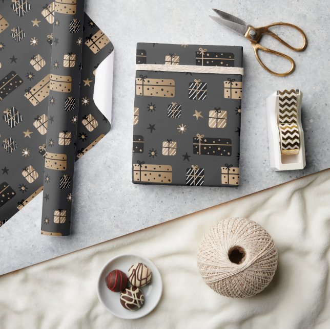 Black Gold Scandinavian Christmas Packages Pattern Wrapping Paper (Crafts)