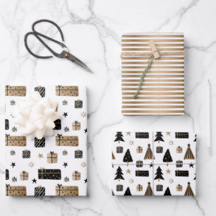 Black Gold Scandinavian Christmas Pattern on White Wrapping Paper Sheet