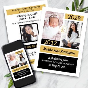Black Gold School Colours Then and Now Graduation Invitation