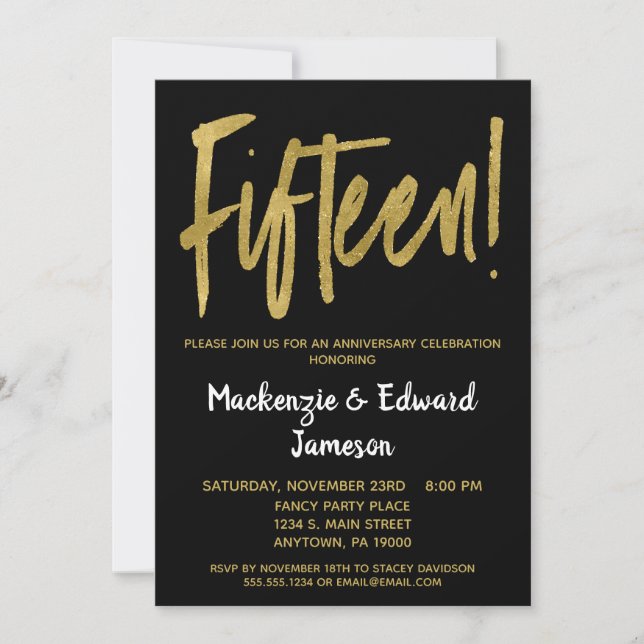 Black Gold Script 15th Anniversary Invitation (Front)
