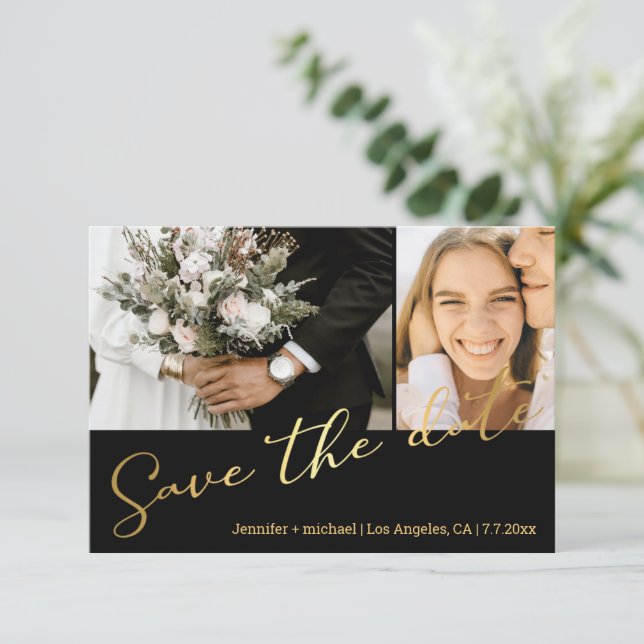  black gold script 2 photo save the date card (Standing Front)
