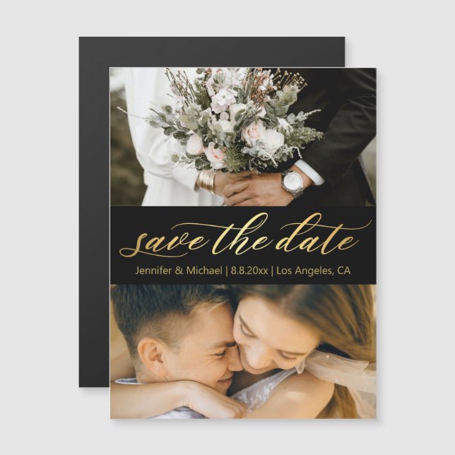 black gold script 2 photos save the date magnet (Front/Back)
