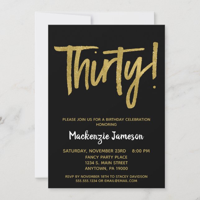 Black Gold Script 30th Birthday Party Invitation (Front)